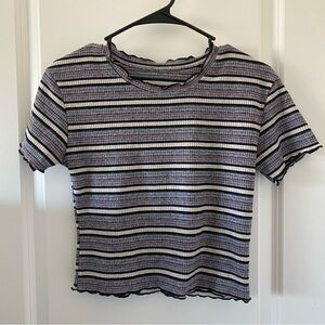 Women’s Striped Ribbed Lettuce Trim Short Sleeve Crop Top